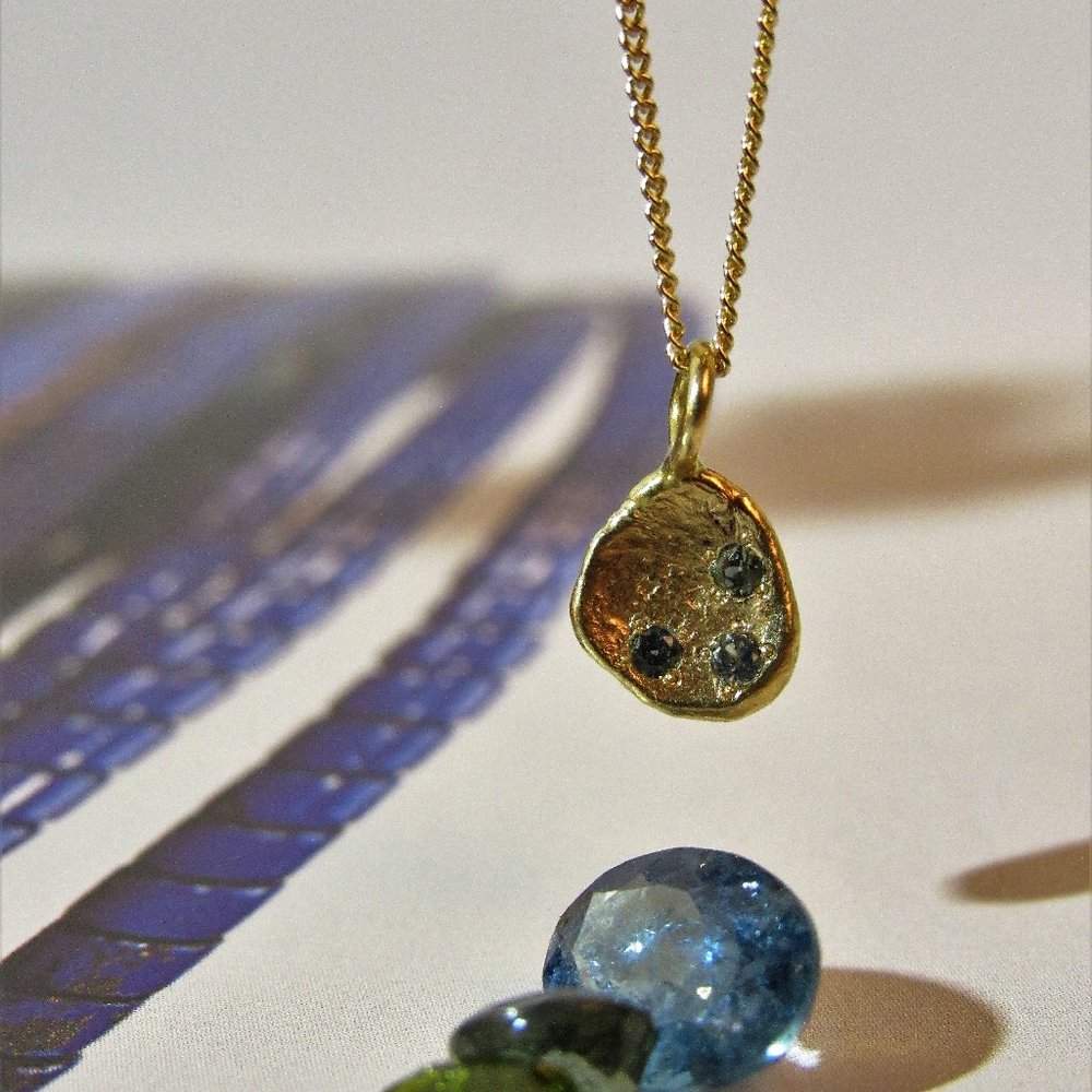 14K Yellow Gold Pendant Necklace with Blue Jeans Sapphire – Minimalist Handmade